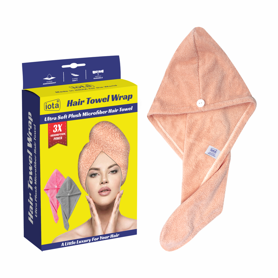 iota Microfiber Hair Wrap Towel 350 GSM Super Absorbent, Cap Salon Towel (Brown)