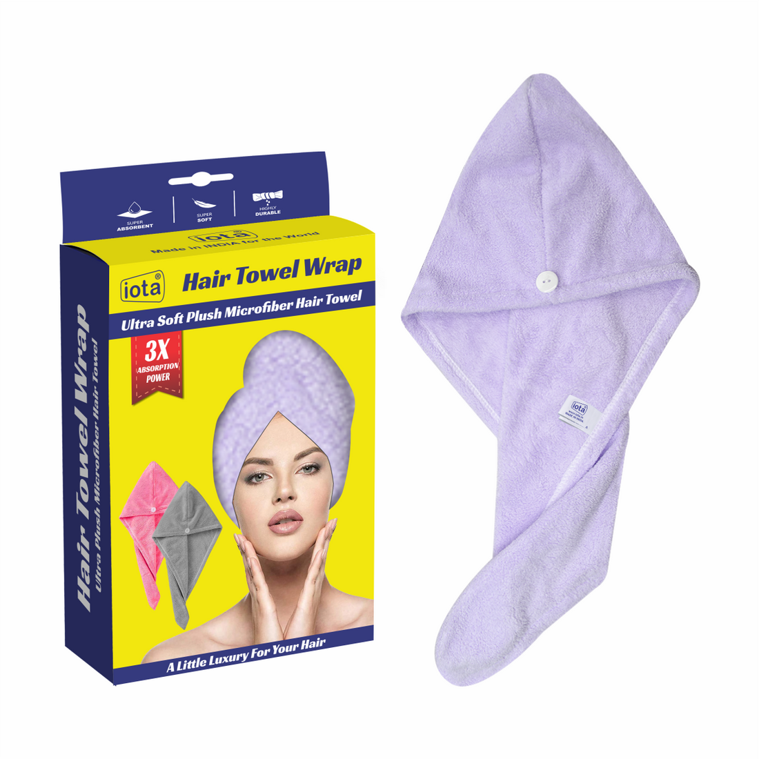 iota Microfiber Hair Wrap Towel 350 GSM Super Absorbent, Cap Salon Towel (Purple)