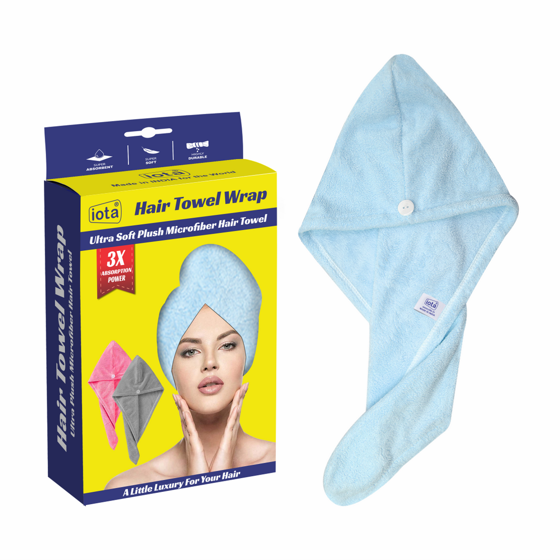 iota Microfiber Hair Wrap Towel 350 GSM Super Absorbent, Cap Salon Towel (Sky Blue)