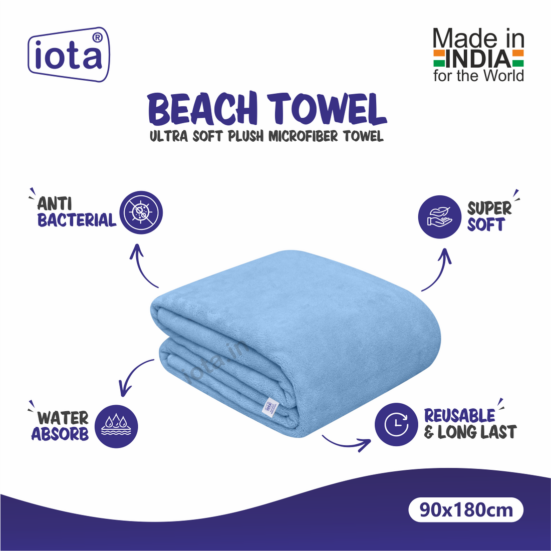 iota Microfiber Ultra Soft Beach Towel & Bath Towel 90X180CM 500GSM (Sky Blue) IOTA