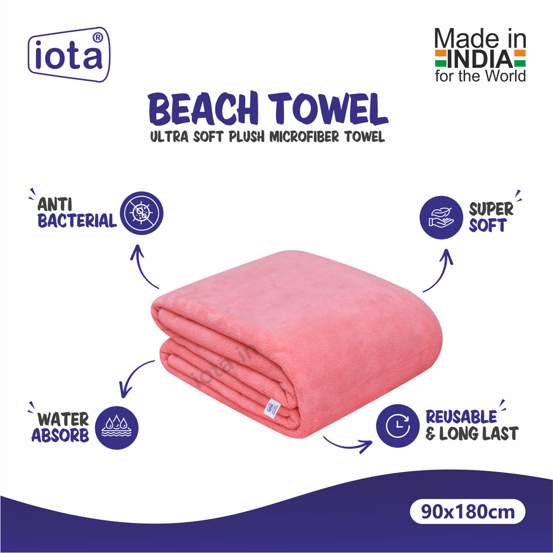 iota Microfiber Ultra Soft Beach Towel & Bath Towel 90X180CM 500GSM (Pink) IOTA