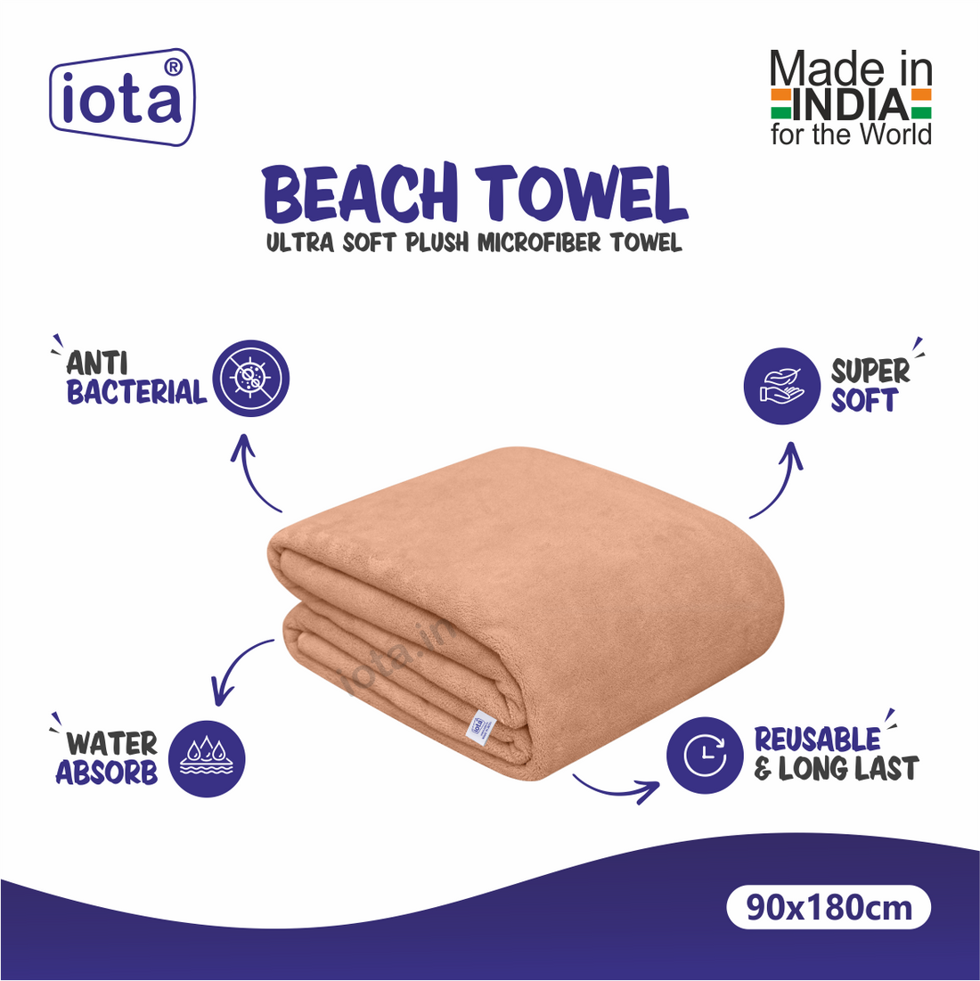 iota Microfiber Ultra Soft Beach Towel & Bath Towel 90X180CM 500GSM (Brown)