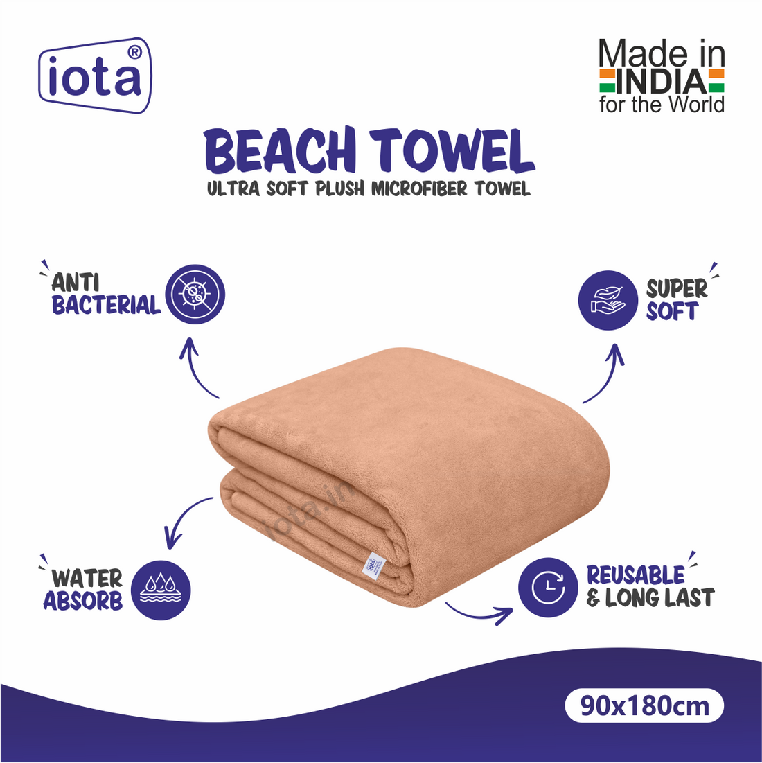 iota Microfiber Ultra Soft Beach Towel & Bath Towel 90X180CM 500GSM (Brown) IOTA