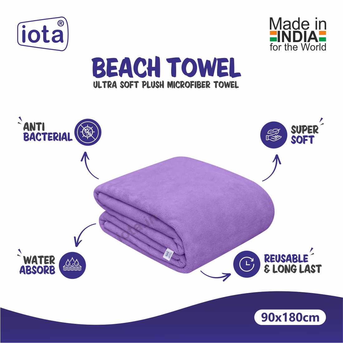 iota Microfiber Ultra Soft Beach Towel & Bath Towel 90X180CM 500GSM (Purple) IOTA