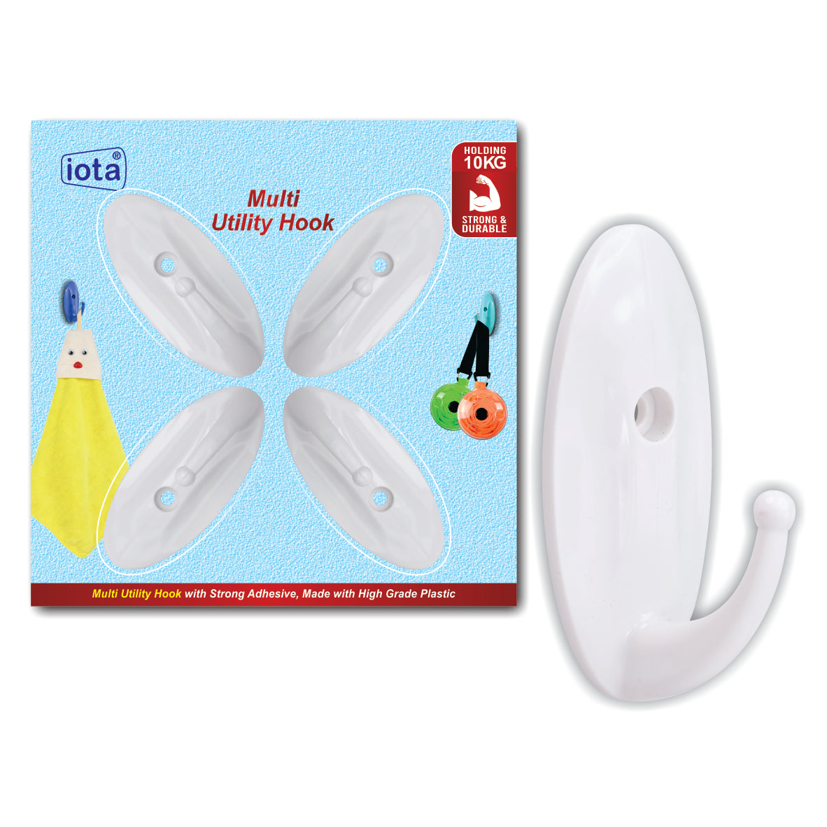 iota Small Multi Utility Wall Hooks, Holds Up to 10Kgs, with Gumming Strips Set Of-4 Hooks