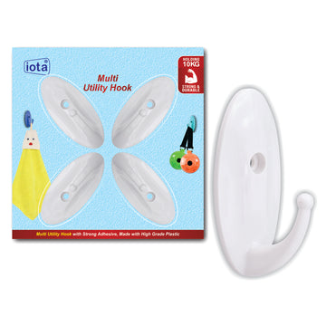 iota Small Multi Utility Wall Hooks, Holds Up to 10Kgs, with Gumming Strips Set Of-4 Hooks IOTA