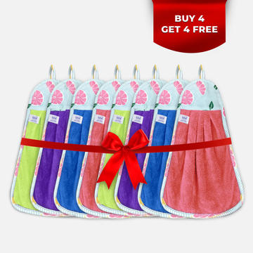 iota Microfiber Wash Basin Hanging Hand Kitchen Towel Napkin | Pack of 4 | 400 GSM | Soft & Absorbent | Multicolor with Ties (Buy 4 Get 4 Free)