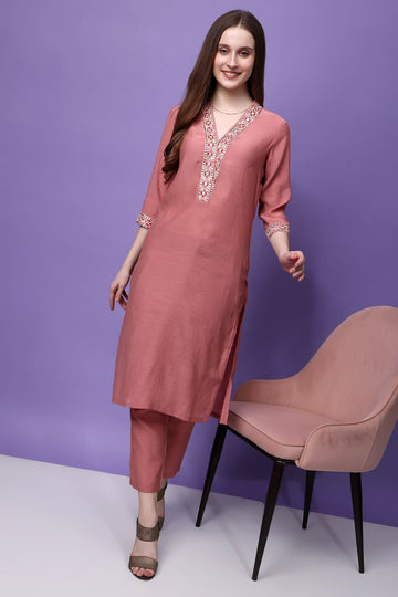 iota Craft Women Kurta with Pant Set - Dusky Pink | Straight Fit