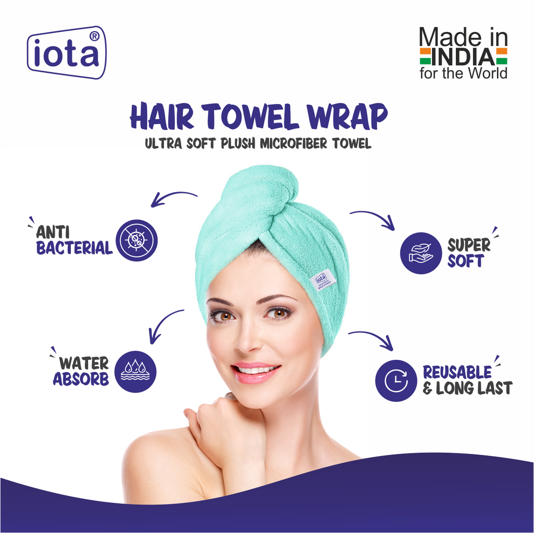 iota Microfiber Hair Wrap Towel 350 GSM Super Absorbent, Cap Salon Towel IOTA