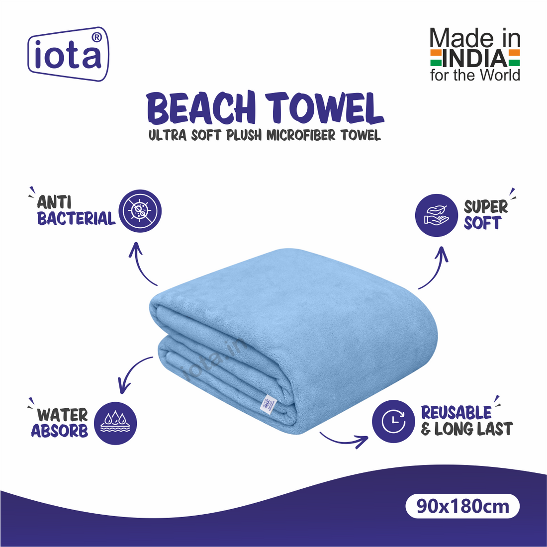 iota Microfiber Ultra Soft Beach Towel & Bath Towel 90X180CM 500GSM (Sky Blue)