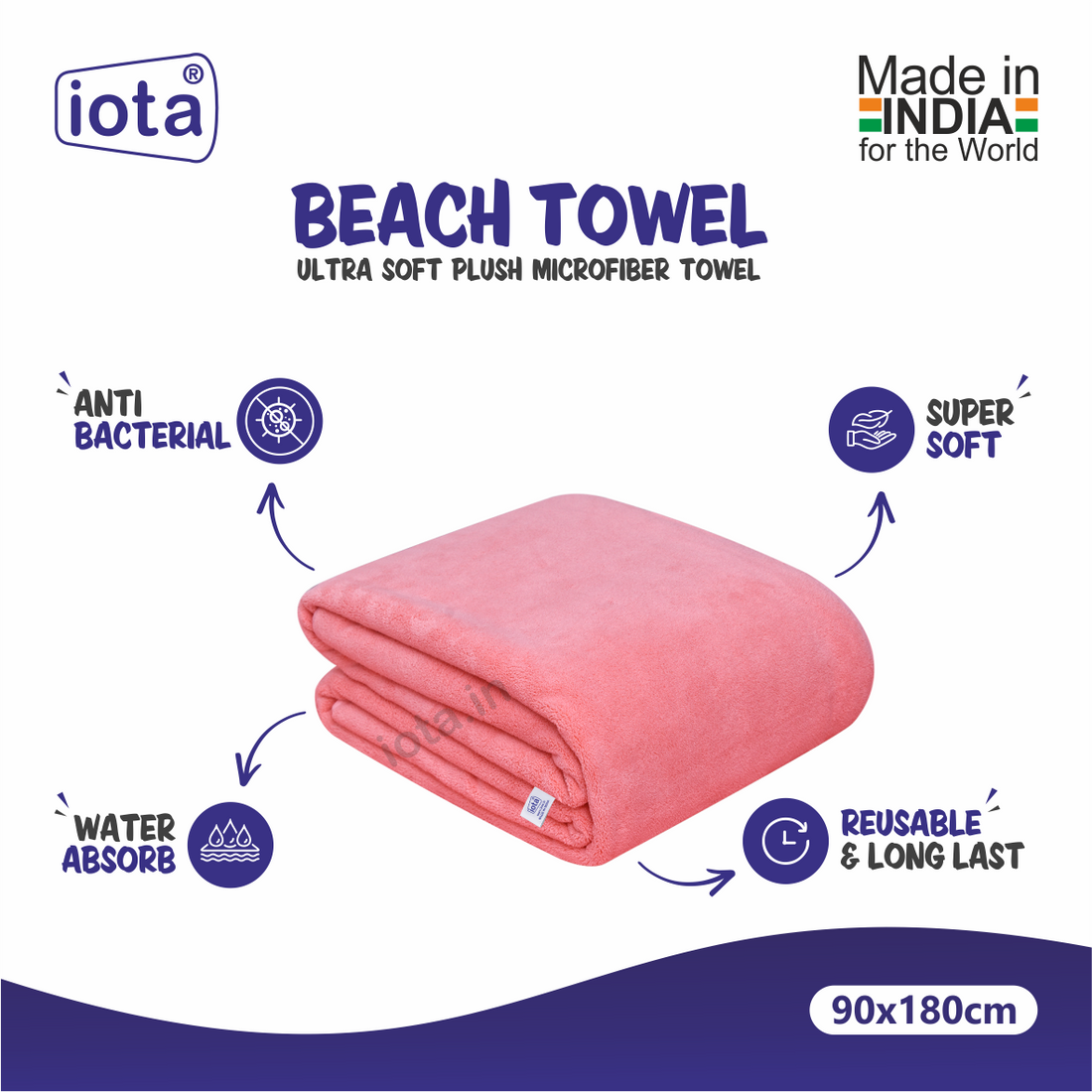 iota Microfiber Ultra Soft Beach Towel & Bath Towel 90X180CM 500GSM (Pink)