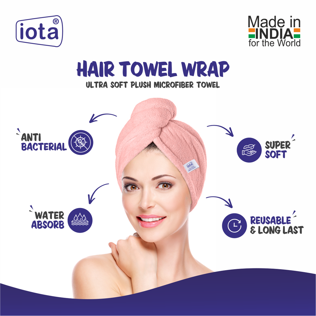 iota Microfiber Hair Wrap Towel 350 GSM Super Absorbent, Cap Salon Towel IOTA