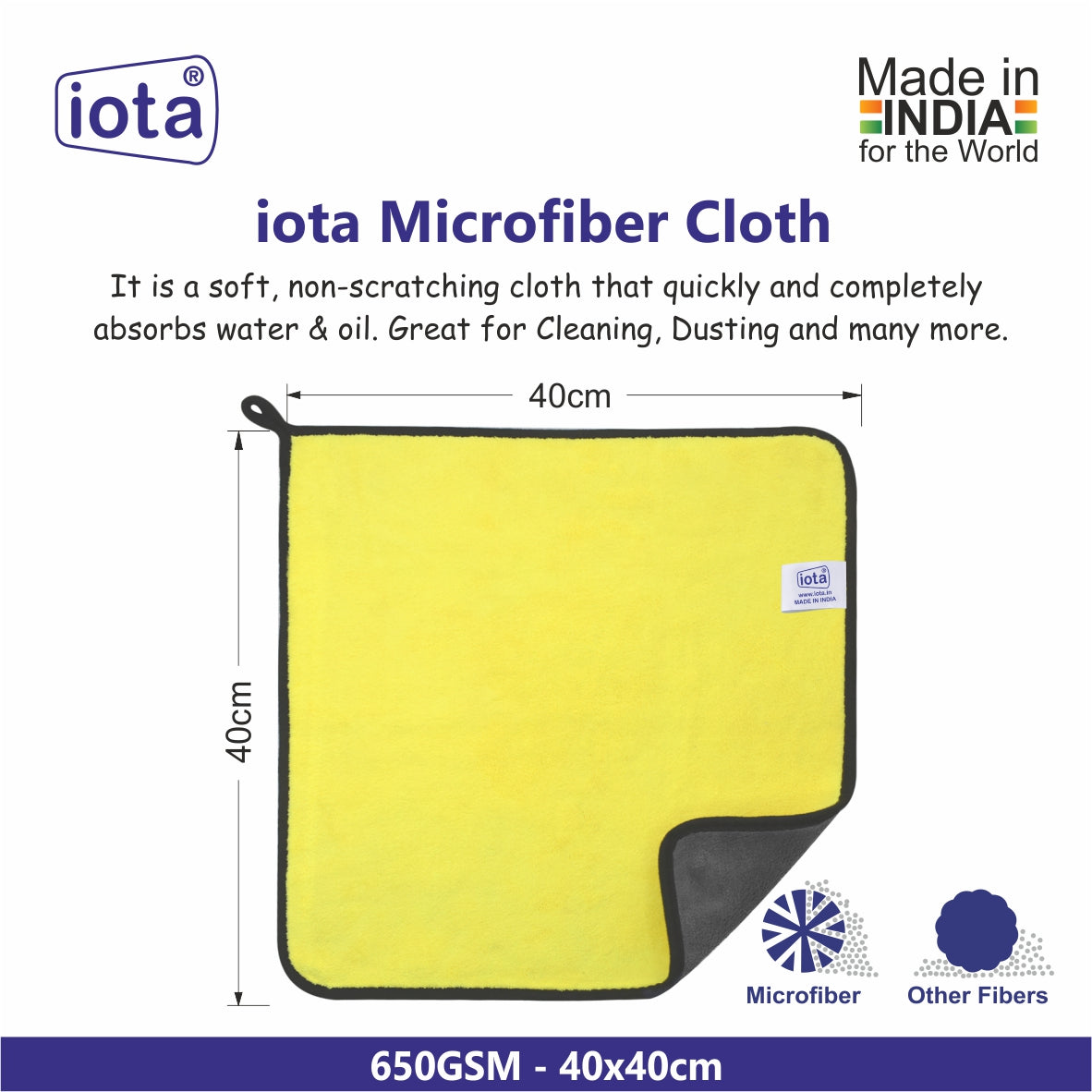 iota Premium Microfiber Cloth Double-Sided 650GSM 40x40cms for Car & Bike Cleaning Cloth IOTA