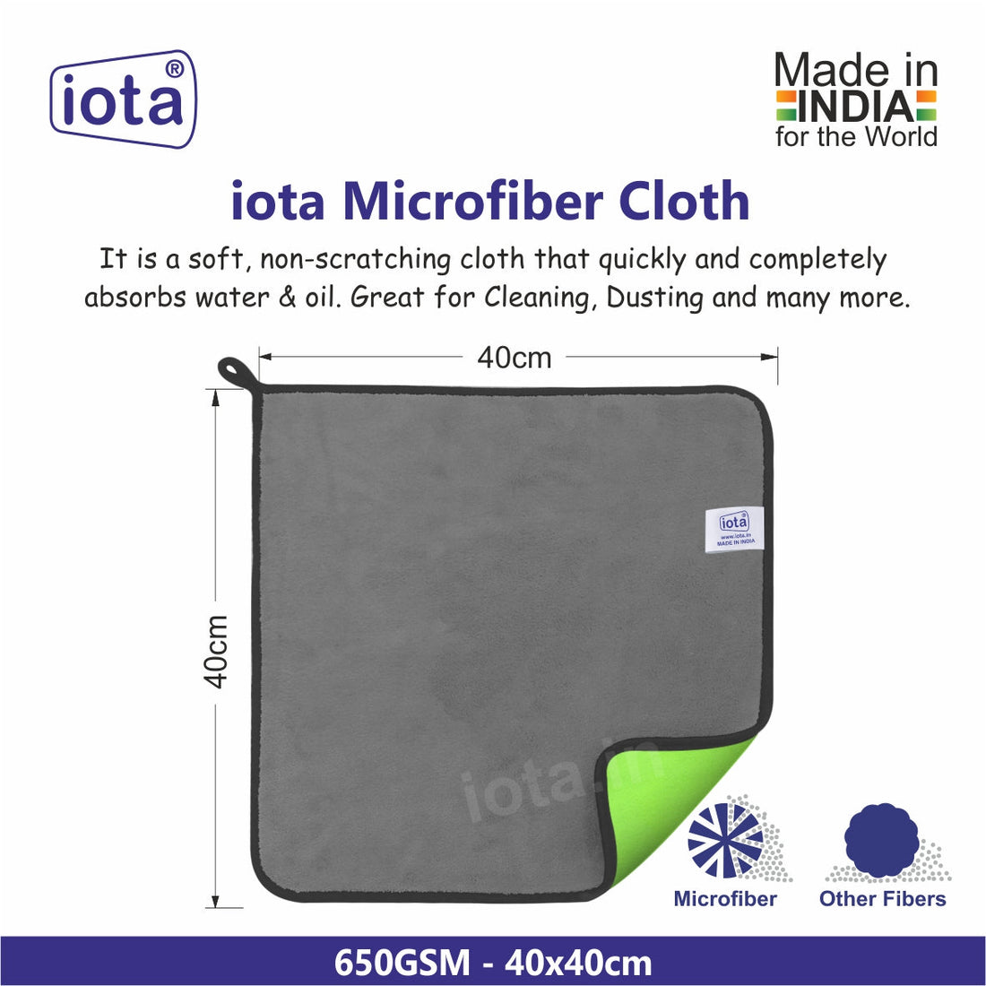 iota Premium Microfiber Cloth Double-Sided 650GSM 60x40cms  for Car & Bike Cleaning Cloth