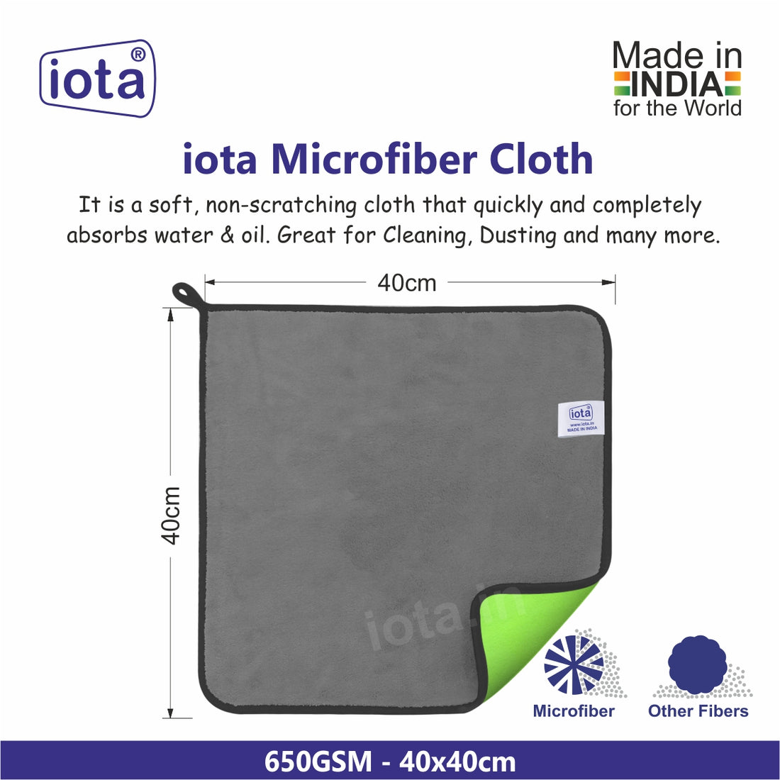 iota Premium Microfiber Cloth Double-Sided 650GSM 40x40cms for Car & Bike Cleaning Cloth