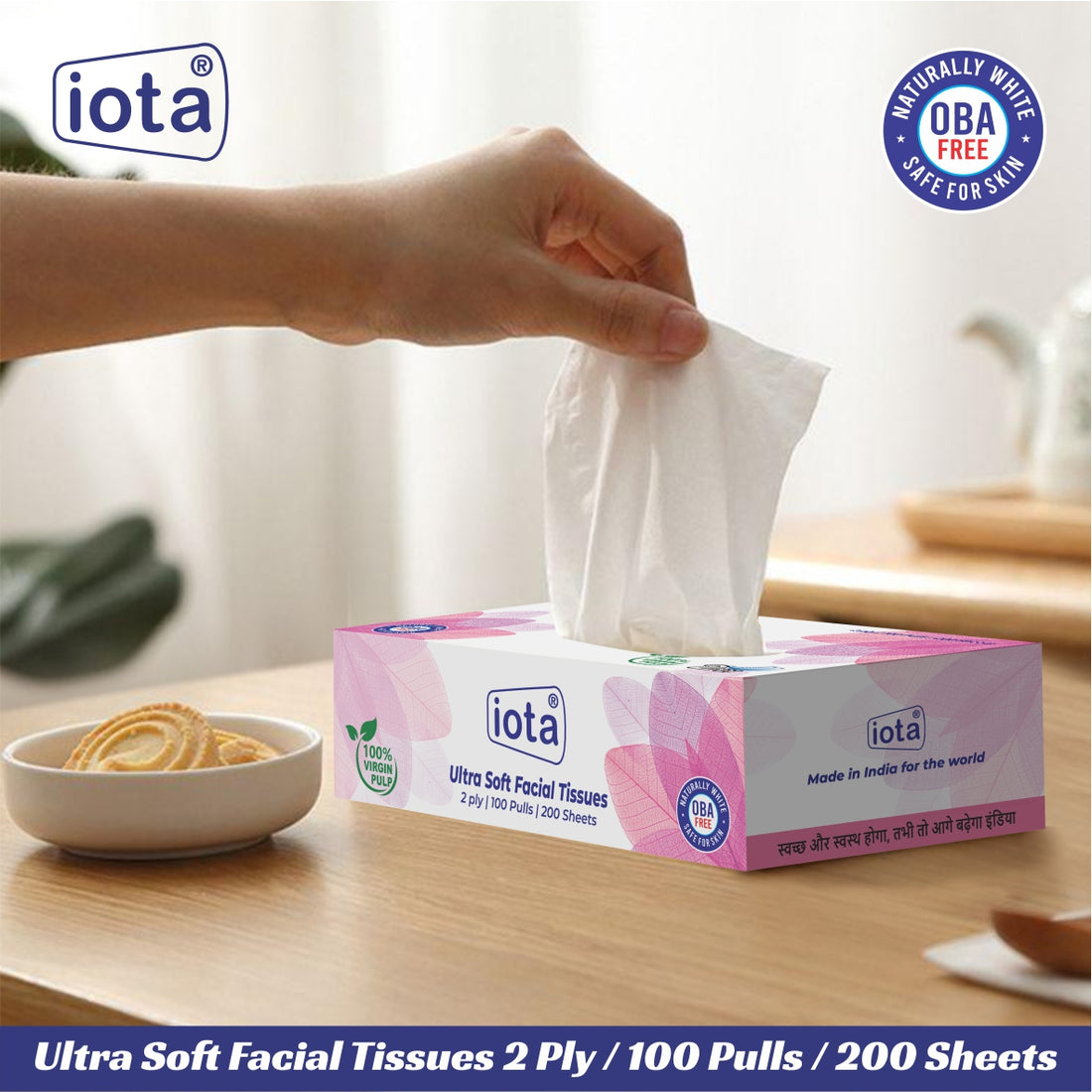 iota Facial Tissue Box With 2 Ply | 100 Pulls | 200 Sheets 100% Natural Skin-Friendly