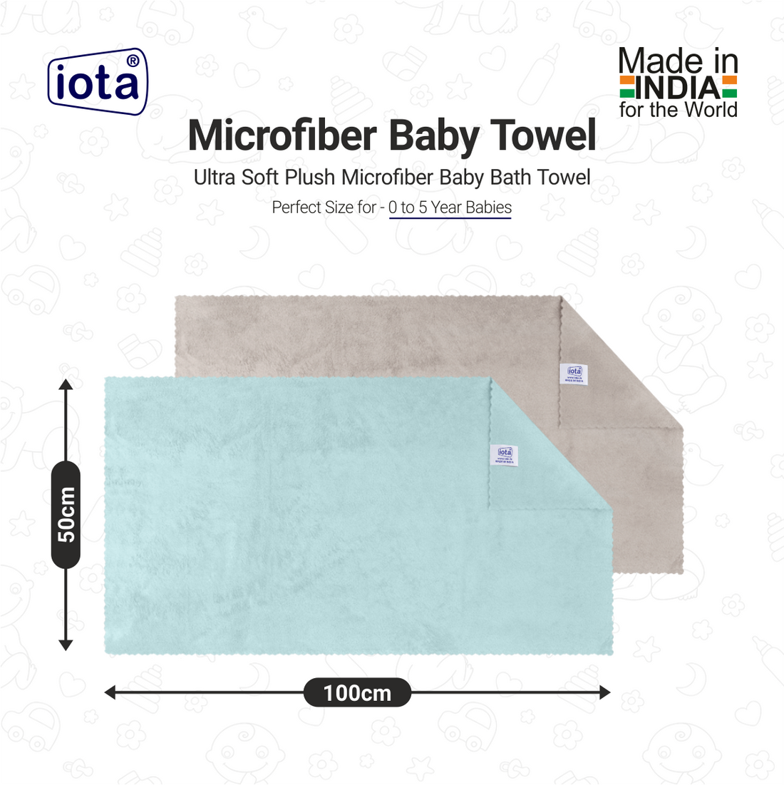 iota Microfiber Baby Bath Towel, 50x100cm, 350 GSM Premium Quality - Pack of 2 (Multicolour)