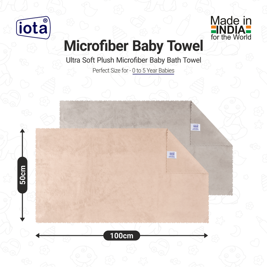 iota Microfiber Baby Bath Towel, 50x100cm, 350 GSM Premium Quality - Pack of 4 (Multicolour)