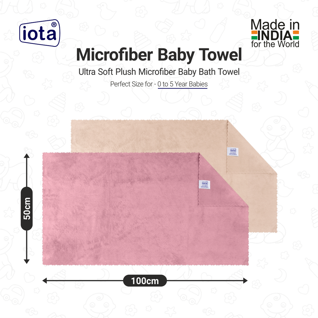 iota Microfiber Baby Bath Towel, 50x100cm, 350 GSM Premium Quality - Pack of 2 (Multicolour)