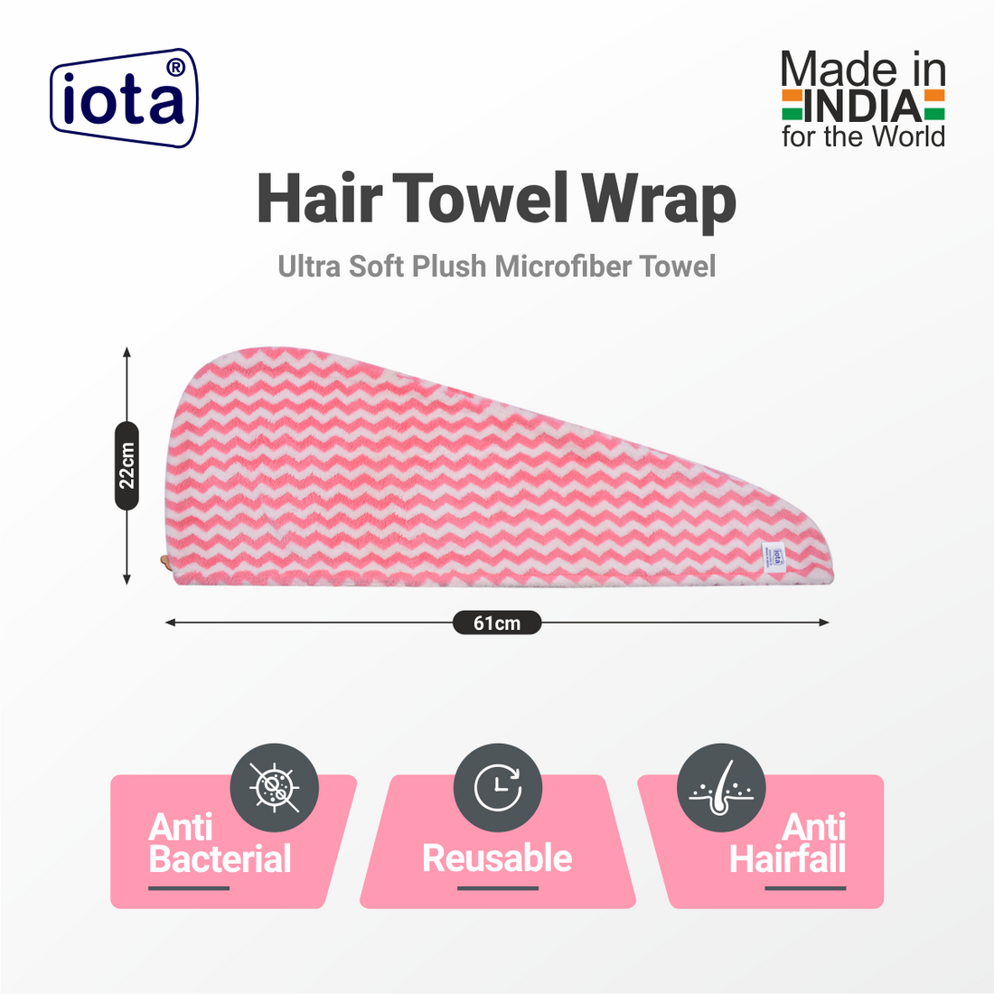 iota Microfiber Hair Wrap Towel - 500 GSM, Super Absorbent with Zig-Zag Pattern Hair Towel