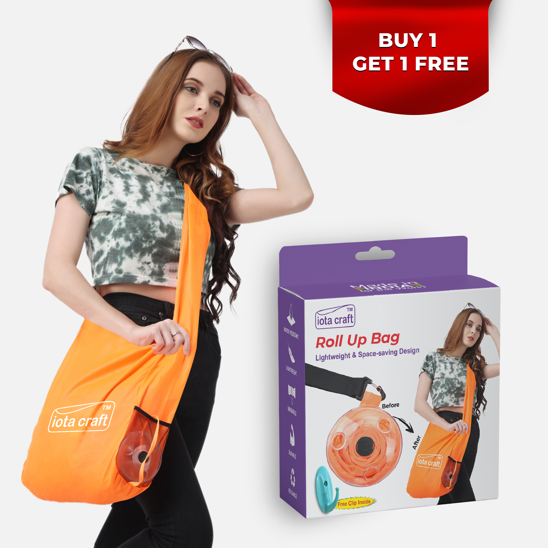 iota Roll Up Shopping Bag, Reusable, Foldable, Grocery Bags (Buy 1 Get 1 Free)