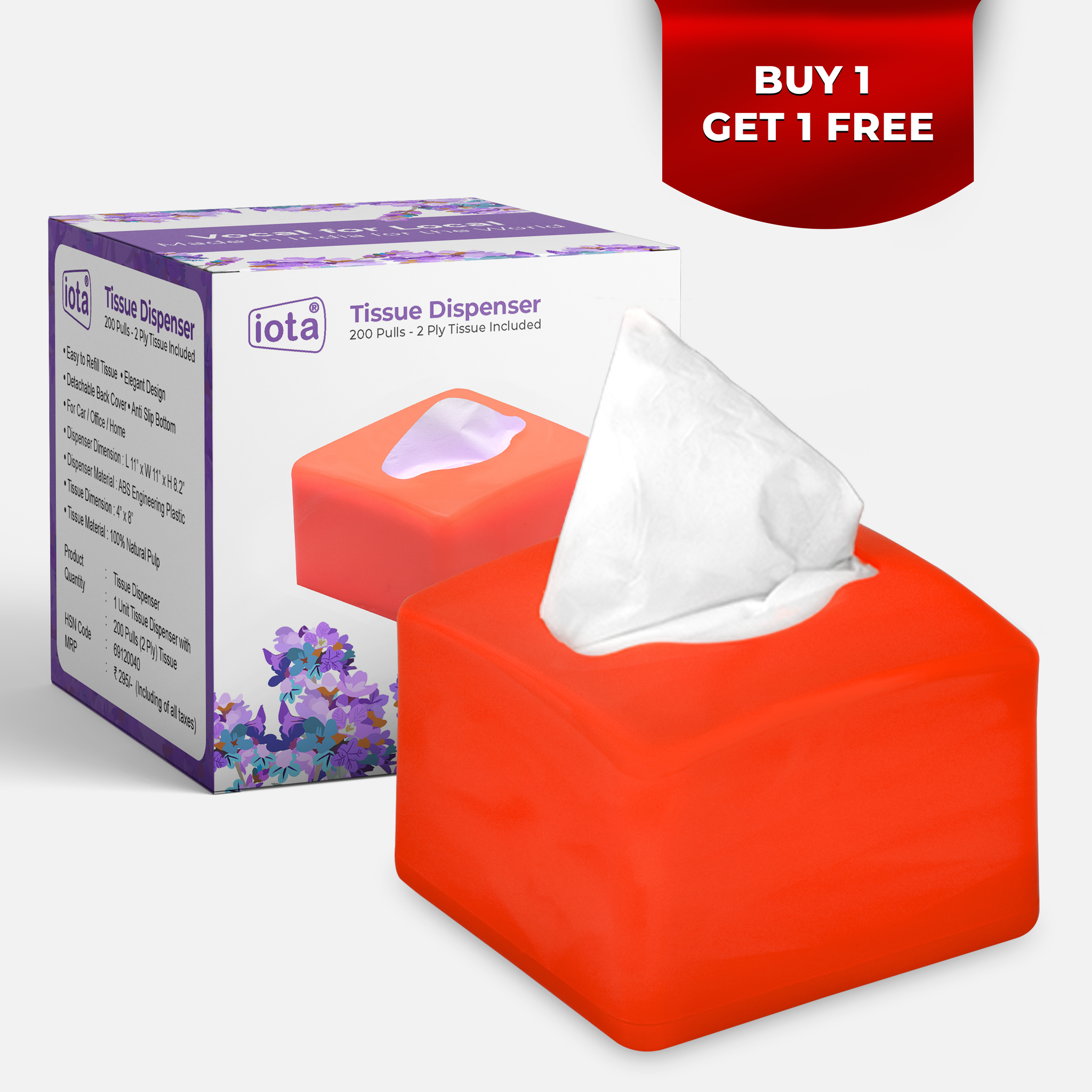 iota Tissue Dispenser Box Including 2 Ply | 200 Pulls | 200 Sheets 100% Natural and Eco-friendly (Buy 1 Get 1 Free)